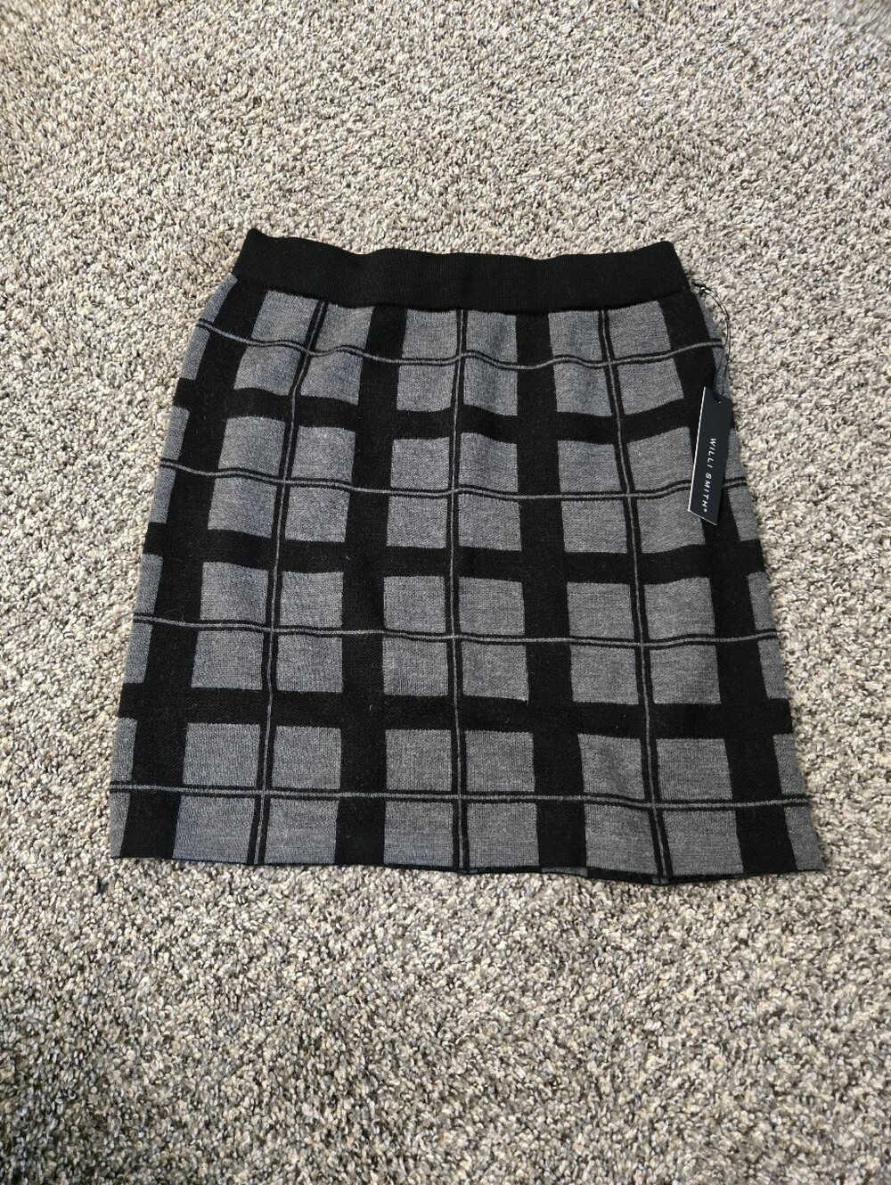 Willi Smith Wool Black & Gray Grid Knit Skirt